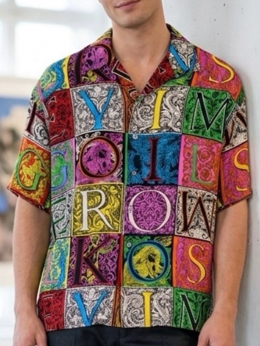 90s VTG Timney Fowler Go Silk 100% Silk Shirt L Alphabet Patchwork Art Baroque